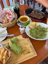 a wooden table with food on it