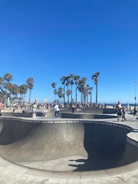 a skate park with palm trees in the background